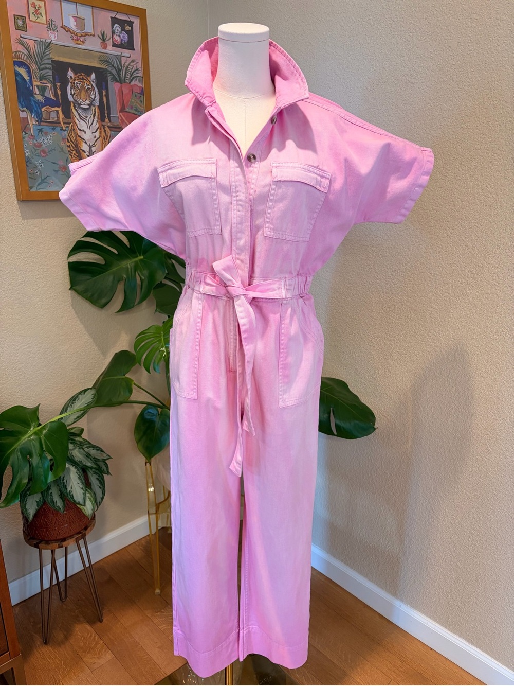 Miou Muse Pink Utility Jumpsuit with Tie Waist - Size Medium